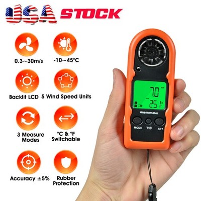LCD Digital Anemometer Wind Speed Scale Gauge Meter Thermometer Tester Handheld