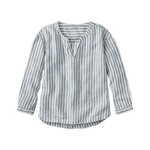 L.L. Bean Women's Premium Washable Linen Shirt Splitneck Moonlight Blue Stripe