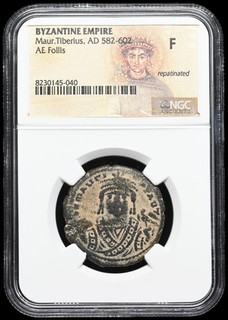 BYZANTINE. Maurice Tiberius. AD 582 602. Æ Follis NGC Fine