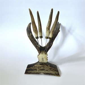 Antler & Wood Stand Set w/ 4 Antler-Handled Letter Openers Desk Knives