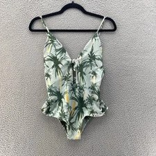 Aila Blue Swimsuit Women Medium Green Palm Leaves Tropical Deep V-Neck Front Tie