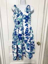 Lauren Ralph Lauren Womens Sleeveless Fit & Flare Dress Sz 12 White Blue Floral