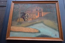 Old Vintage Mill Scene Landscape Pastel Painting Folk Art