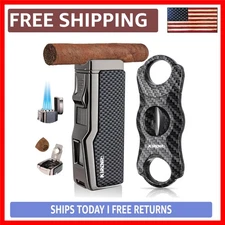 Cigar Lighter with Built-in Punch, V Cutter & Gift Box - Carbon Fiber