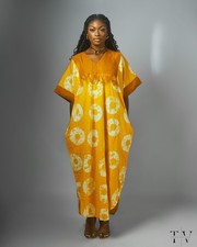 African Boubou Maxi Dress  Yellow Kaftan with Aso-Oke Trim  Pockets  Free Size