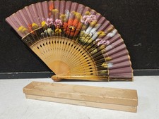 Vintage Asian Folding Hand Fan Hand Painted Flower Wooden Fabric 16" IN BOX