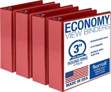 Samsill 3 Inch 3 Ring Binders, Economy Round Ring, Clear View 4-Pack, Red