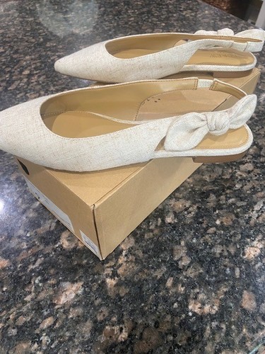 J Crew Factory Womens Size 9 Pointed Toe Slingback Flats Bow Detail Neutral