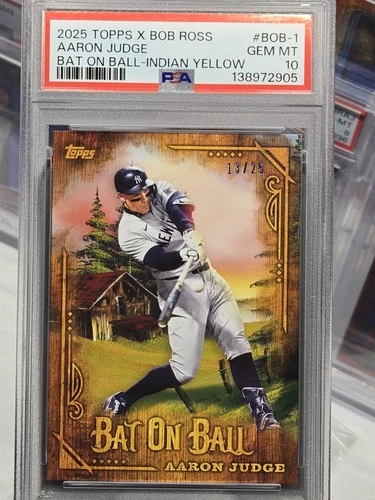 2025 Topps X Bob Ross Aaron Judge Bat On Ball SSP Yellow /25 Pop1 PSA 10