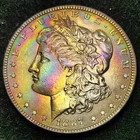 Genuine 1887 Morgan Silver $1 -  AU+ Detail - Artificial Rainbow Toning AT