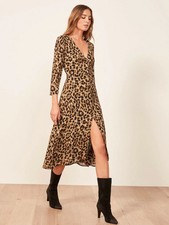 REFORMATION Leopard Animal Print ALMA Front Button Crepe V-Neck Midi Dress 10 L