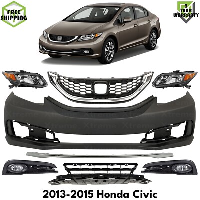 Front Bumper Cover Primed Plastic & Headlights Kit For 2013-2015 Honda Civic