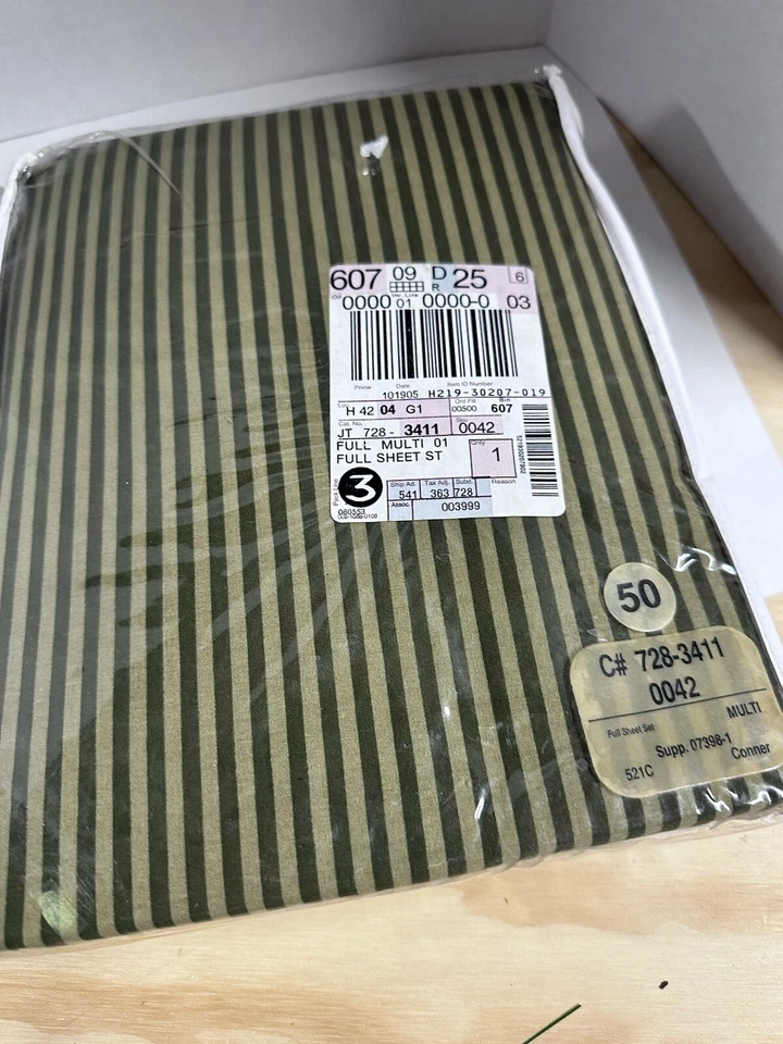 Vintage JC Penney Full Sheet Set And Bed skirt Blue Striped With Denim Trim New - Image 4 of 4