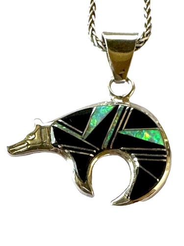 NAVAJO STERLING CHAIN NECKLACE INLAY OPAL & ONYX STON… - Gem