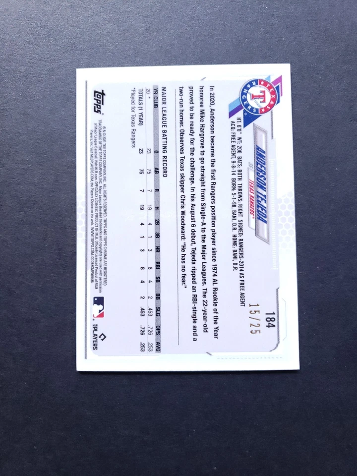 2021 Topps Chrome Ben Baller /25 Orange Refractor #184 Anderson Tejeda ROOKIE RC - Image 3 of 4