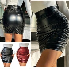 Womens Ruched PU Leather Pencil Skirt High Waist Bodycon Short Skirts Clubwear