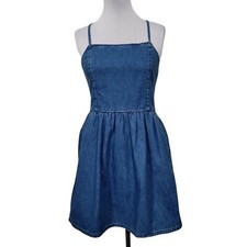 Madewell Womens 8 Denim Spaghetti Strap Criss Cross Back Fit and Flare Sundress