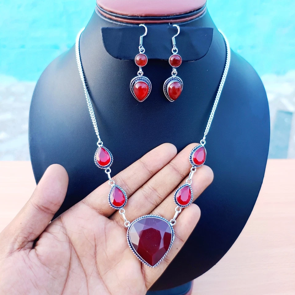 Red Topaz Gemstone Jewelry Sets 925 Sterling Silver Handmade Necklace Earring - Image 4 of 4