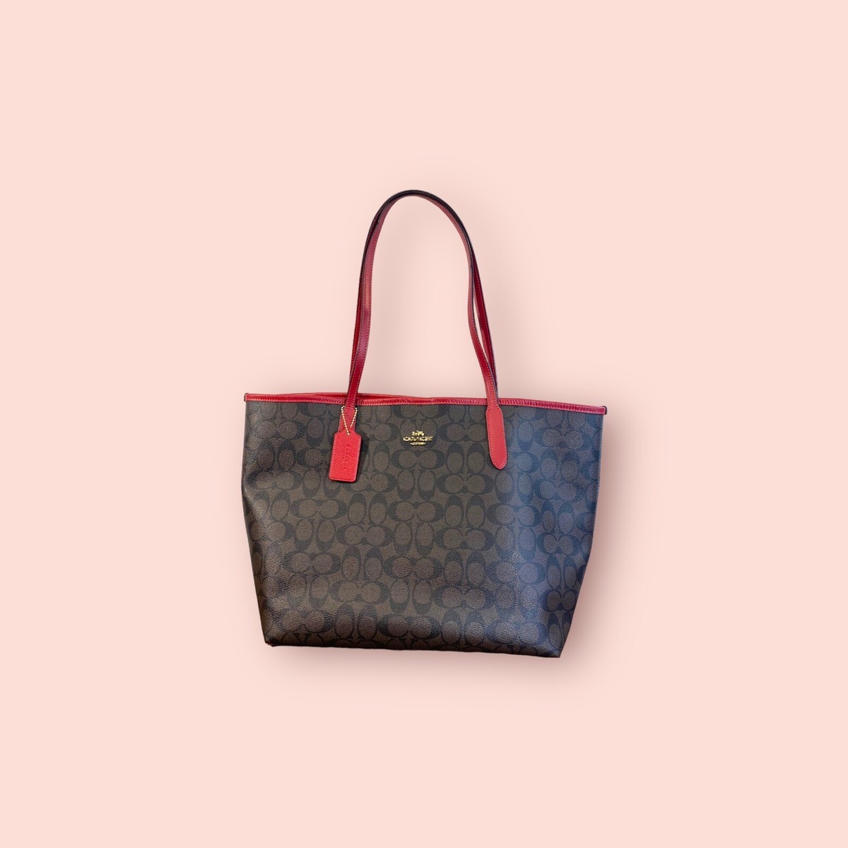 COACH かごバッグ ベージュ/レッド コーチ アウトレット ハンドバッグ ショルダーバッグ レディース
