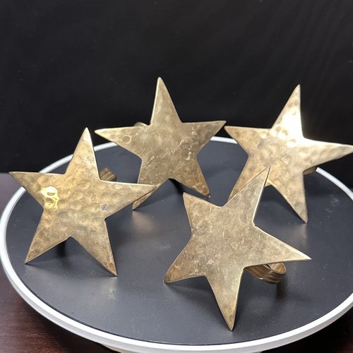 4 Vtg Hammered Brass STAR Napkin Rings Christmas Celestial - Picture 2 of 4