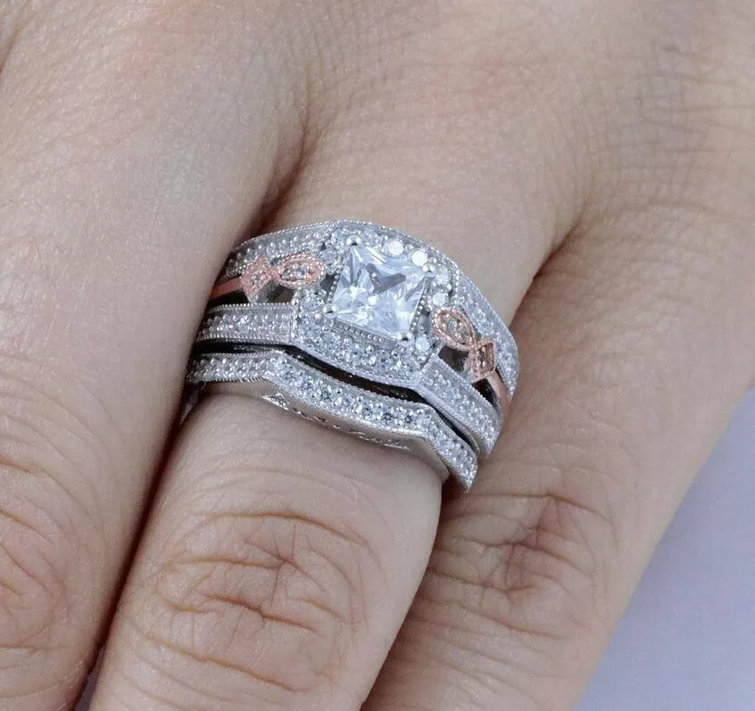 Rose Gold Plate Sterling Silver Cz Wedding Band Engagement Rings