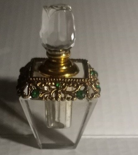 VINTAGE THICK HEAVY GLASS HOLLYWOOD GLAM PERFUME BOTTLE Brass Filigree Rhineston - Picture 7 of 7