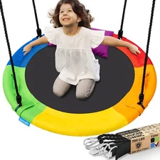 SereneLife 40" Weatherproof Saucer Swing Set w/Swinging Seat, Carry Bag(Rainbow)