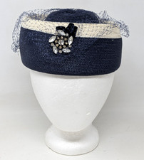 Vintage Union Made Rhinestone Blue Net Netted Veil Straw Womens 22 Pillbox Hat