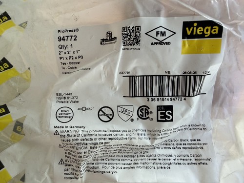 Viega ProPress 94772 2" x 2" x 1" Copper Press Tee P1 x P2 x P3 FM Approved