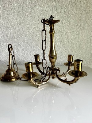 Vintage Brass 4 Arm Hanging Chandelier Light Fixture Swag Lamp 35  Tall