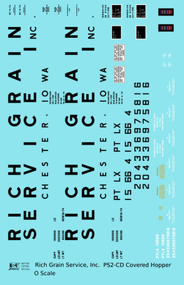 K4 O Scale Decals Rich Grain Service PS-2CD Covered Hopper Black Chester, Iowa