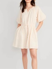 Old navy bubble sleeve gauze Relaxed Drawstring Mini Dress in Soft Cream
