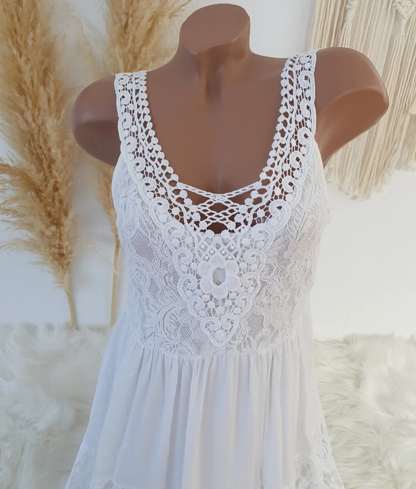 Häkel Kleid Träger Vintage Blogger Sommer Hippie Stickerei Weiß IBIZA 36 38 40 - Bild 3 von 4