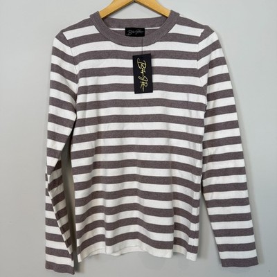 Boutique J Renee Classic Striped Sweater Womens L Taupe Ivory Capsule Neutral