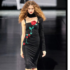 DOLCE & GABBANA Black Runway Rose Applique Fitted Long Dress Red L 44