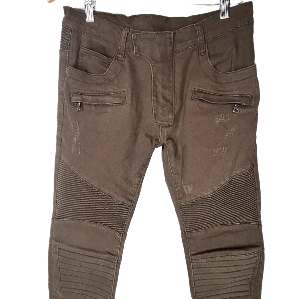 Jeans skinny Balmain Paris motociclista com nervuras marrom oliva desgastado tamanho 32 - Imagem 3 de 4