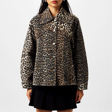 BN GANNI Leopard Animal Printed Denim Jacket UK 10 36 Slightly Oversized