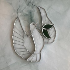 Handmade Suncatcher Stained Glass Metal Silver Dove with Branch White Green