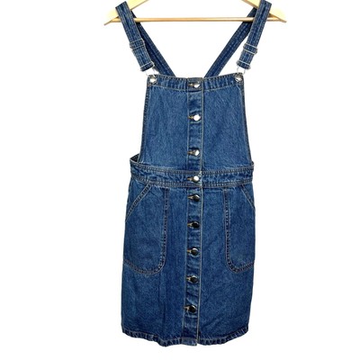EUC DIVIDED by H&M Womans Size 6 Blue Denim Overall Mini Dress Button Up Pockets
