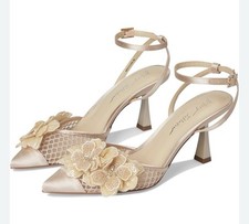 Betsey Johnson Blue Susie Embellished Strappy Ankle Heels, Floral Appliqu , SZ 9