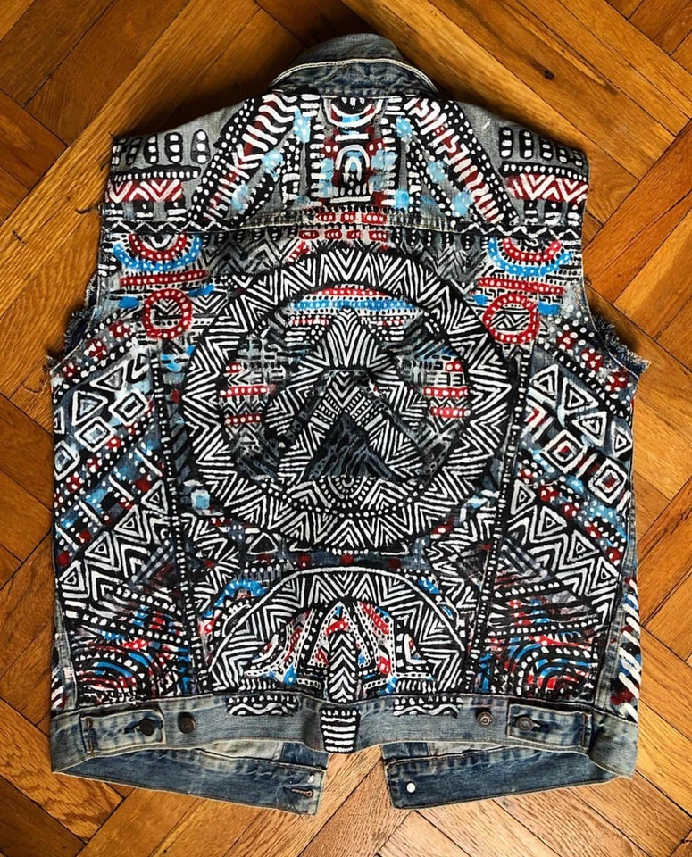 Jaqueta colete jeans personalizada pintada à mão unissex grande - Imagem 2 de 2