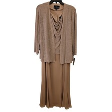 Alex Evenings Beaded Embellished Duster Dress 2 Piece Set Mother Bride Taupe M