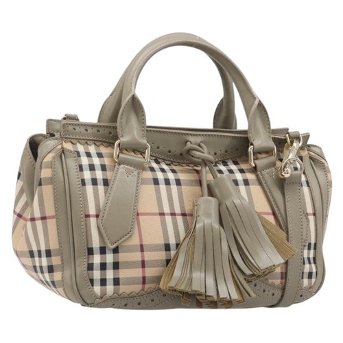 BURBERRY Nova Check Hand Bag PVC 2way Beige Gold Auth 204398V