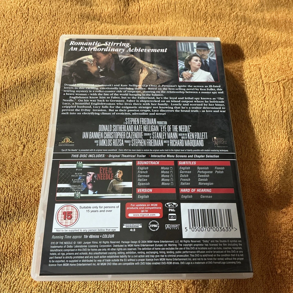 EYE OF THE NEEDLE  (DVD, 1981) Donald Sutherland 80’s Romantic Thriller Rare Oop - Image 2 of 2