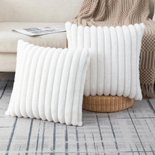 Set of 2 Cream White Faux Fur Decorative Throw Pillow Covers Fluffy Striped Pill