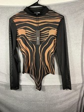 Fashion Nova Your Attention Mesh Bodysuit Womens Medium Black Animal Print Sheer
