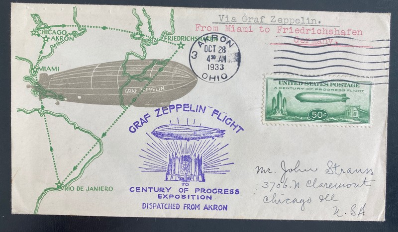 1933 Akron USA LZ 127 Graf Zeppelin cover To Chicago IL Century Of Progress #C18