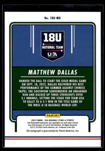 2023 Panini USA Baseball 18U Nationalmannschaft Auto Holo Matthew Dallas 016/100 - Bild 2 von 2