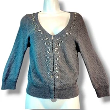 American Eagle Rabbit Hair Sweater Cardigan Rhinestone Bling Size S Gray Crochet