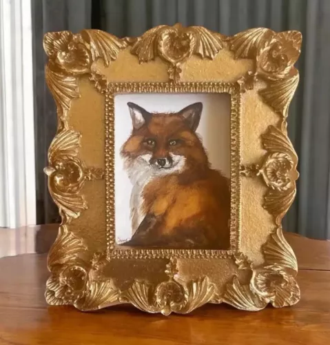Red Fox watercolor print in mini gold vintage style ornate frame